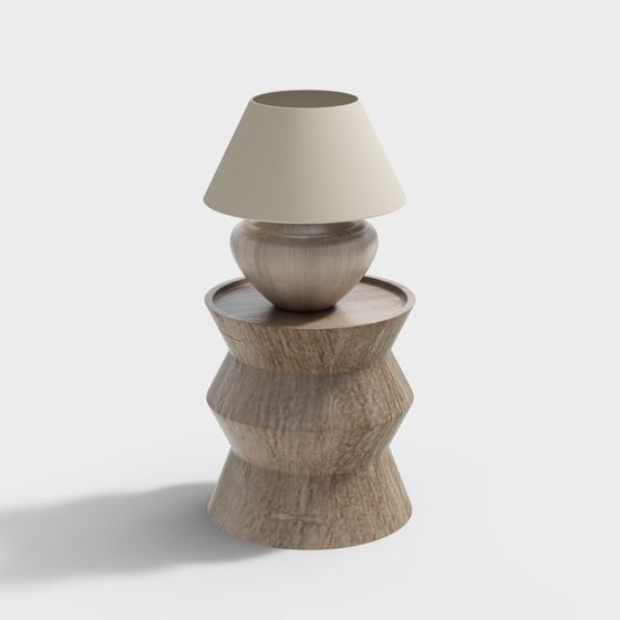 Low Poly Wooden Side Table with Lamp 3D model