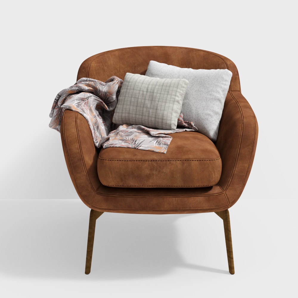 Cozy Leather Chair 3D Model – Brown Leather & Plaid Cushions