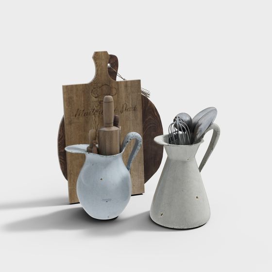 Vintage Kitchen Decor 3D Model with Ceramic Jugs and Cutting Board