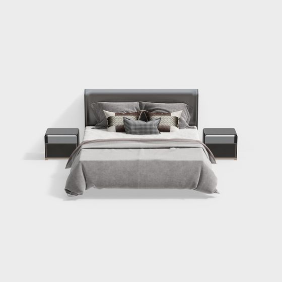 Modern Double Bed Set 3D Model in Gray