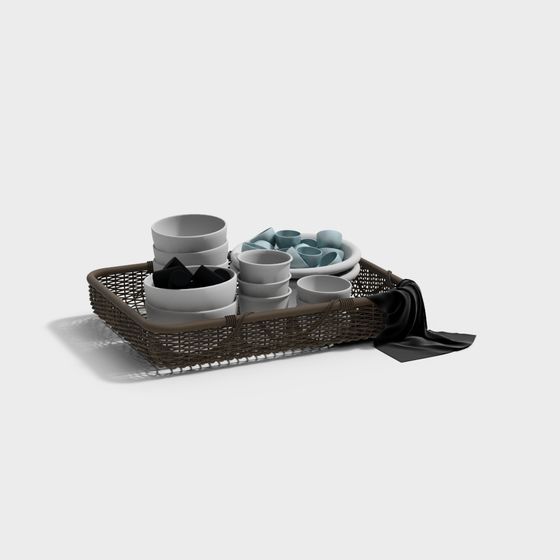 Woven Basket and Tableware Set 3D model