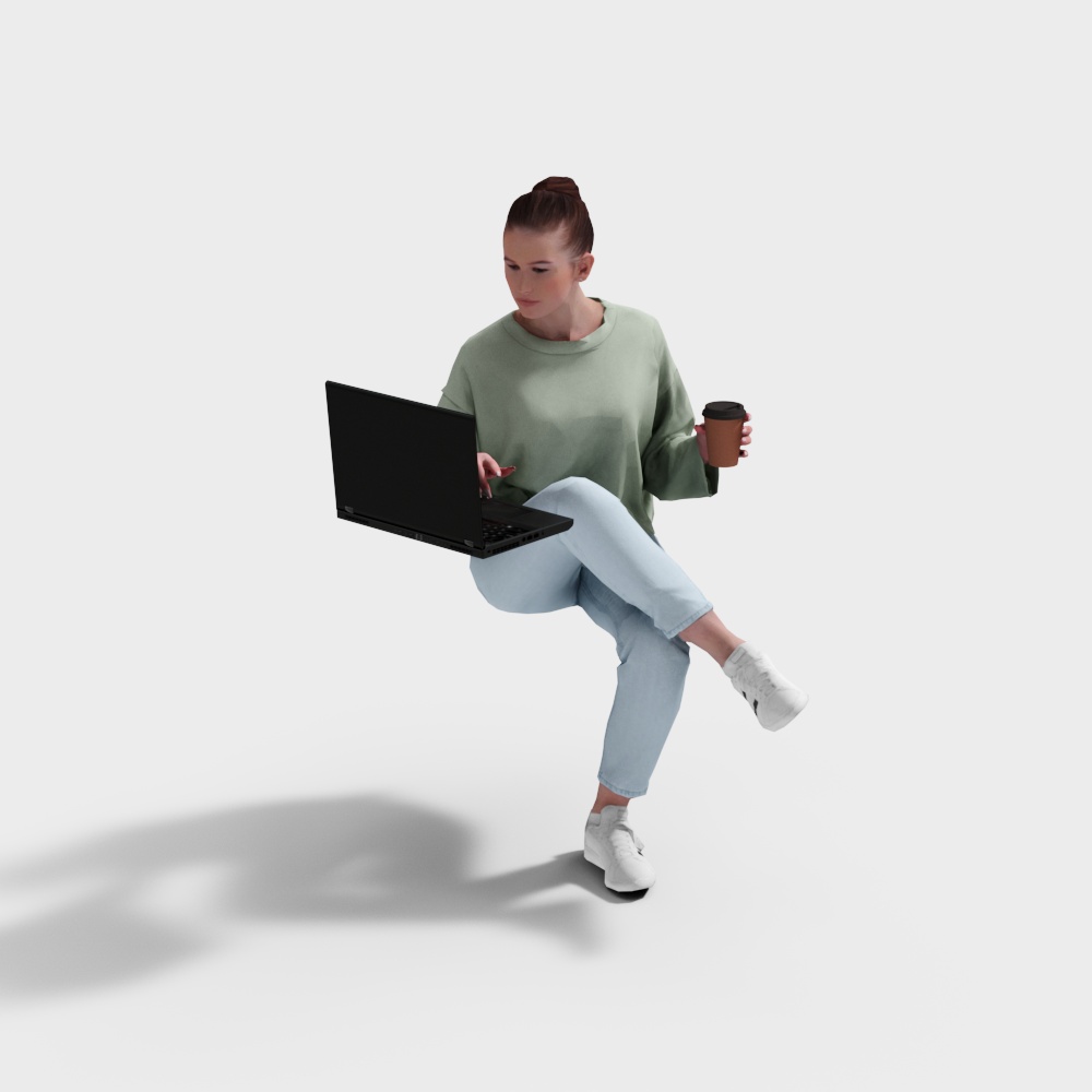 Người phụ nữ ngồi cầm cà phê, nhìn máy tính