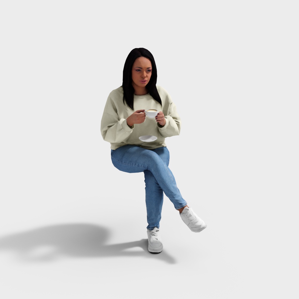 Người phụ nữ ngồi cầm cà phê