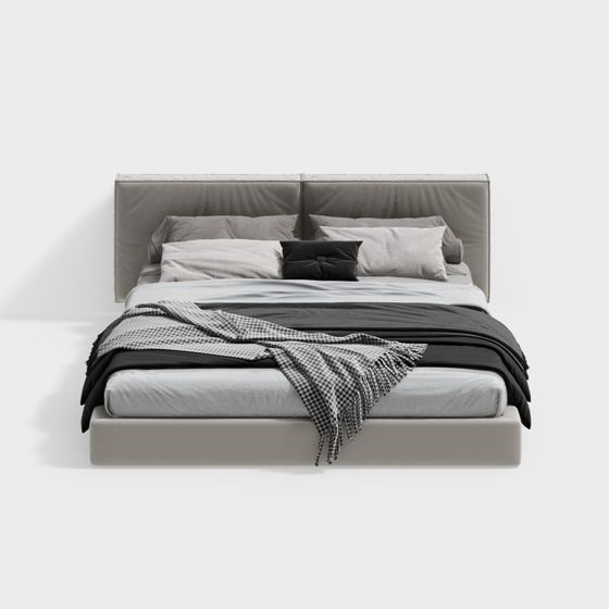 Modern Double Bed 3D Model in Beige