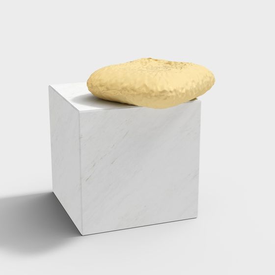 Minimalist Marble Cube Stool with Soft Yellow Cushion 3D model