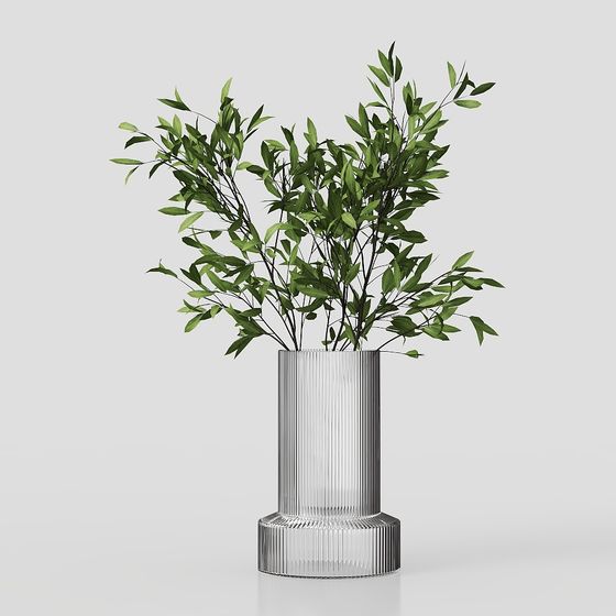 Modern Glass Vase with Green Plants 3D model