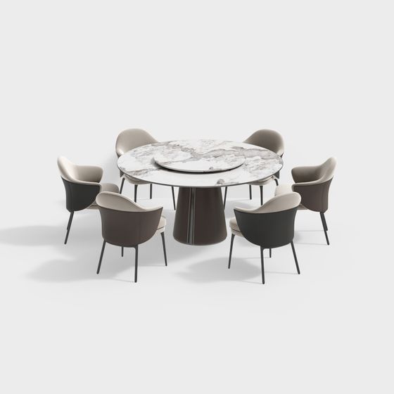 Stylish Round Table and Six Chairs Set 3D model
