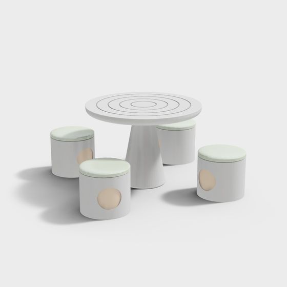 Modern Low-Polygon Round Table and Stool Set 3D model
