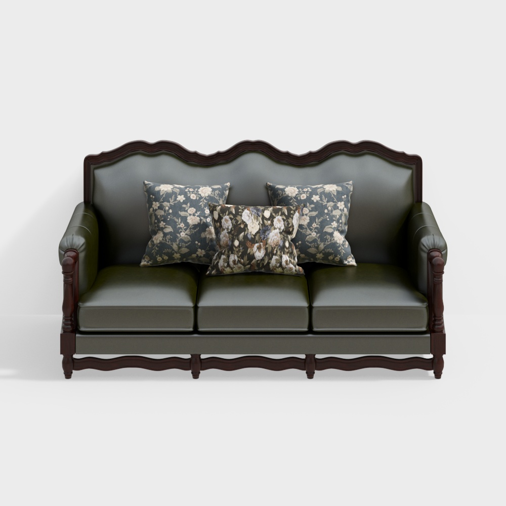 Elegant Scalloped Back Sofa 3D Model – Vintage Green Leather