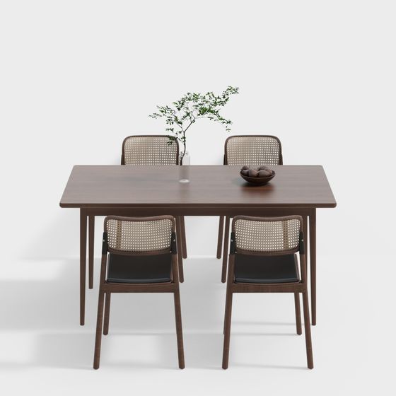 Wooden Dining Table and Rattan Chair Set 3D model