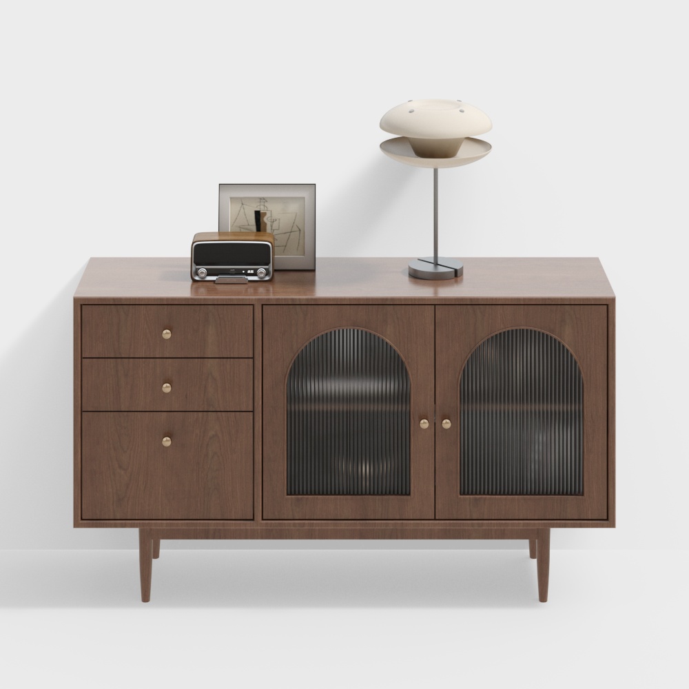 Mid-Century Sideboard 3D Model – Vintage Wood & Glass