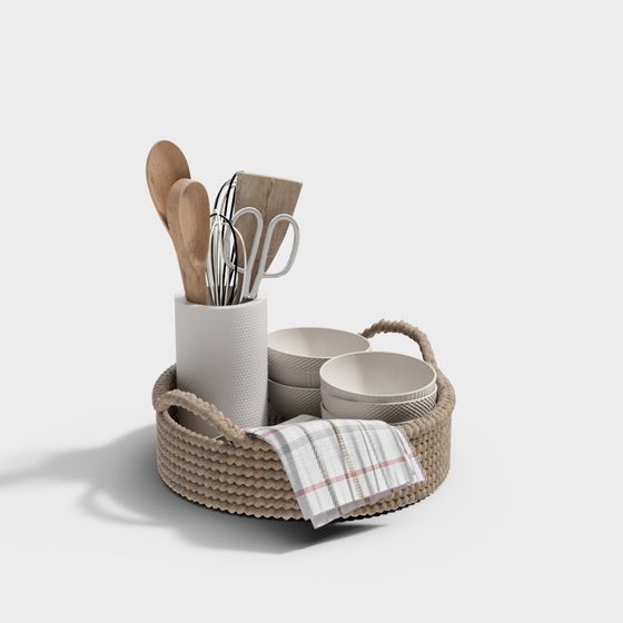 Beige Kitchenware Bowl and Spoon Ornaments 3D Model