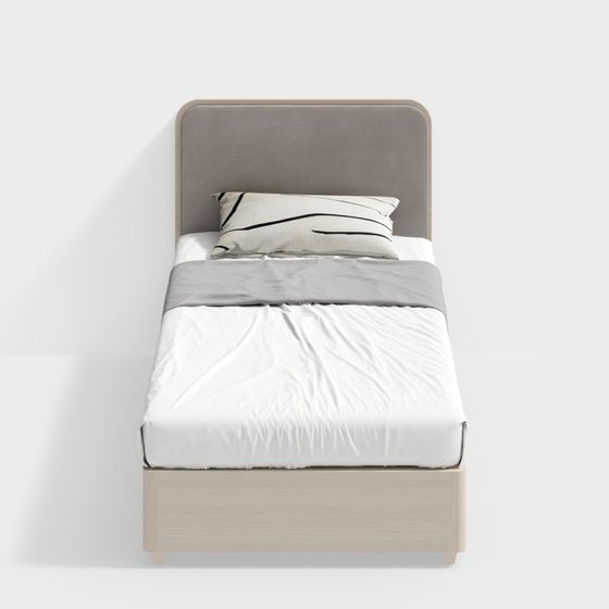 Wooden Single Bed 3D Model for Apartment Dormitory