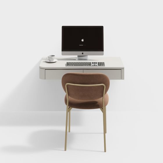 Modern Cream Computer Desk and Chair Set 3D Model in Brown