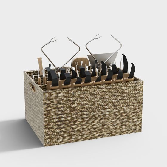 Rustic Woven Basket and Farm Tool Set 3D model