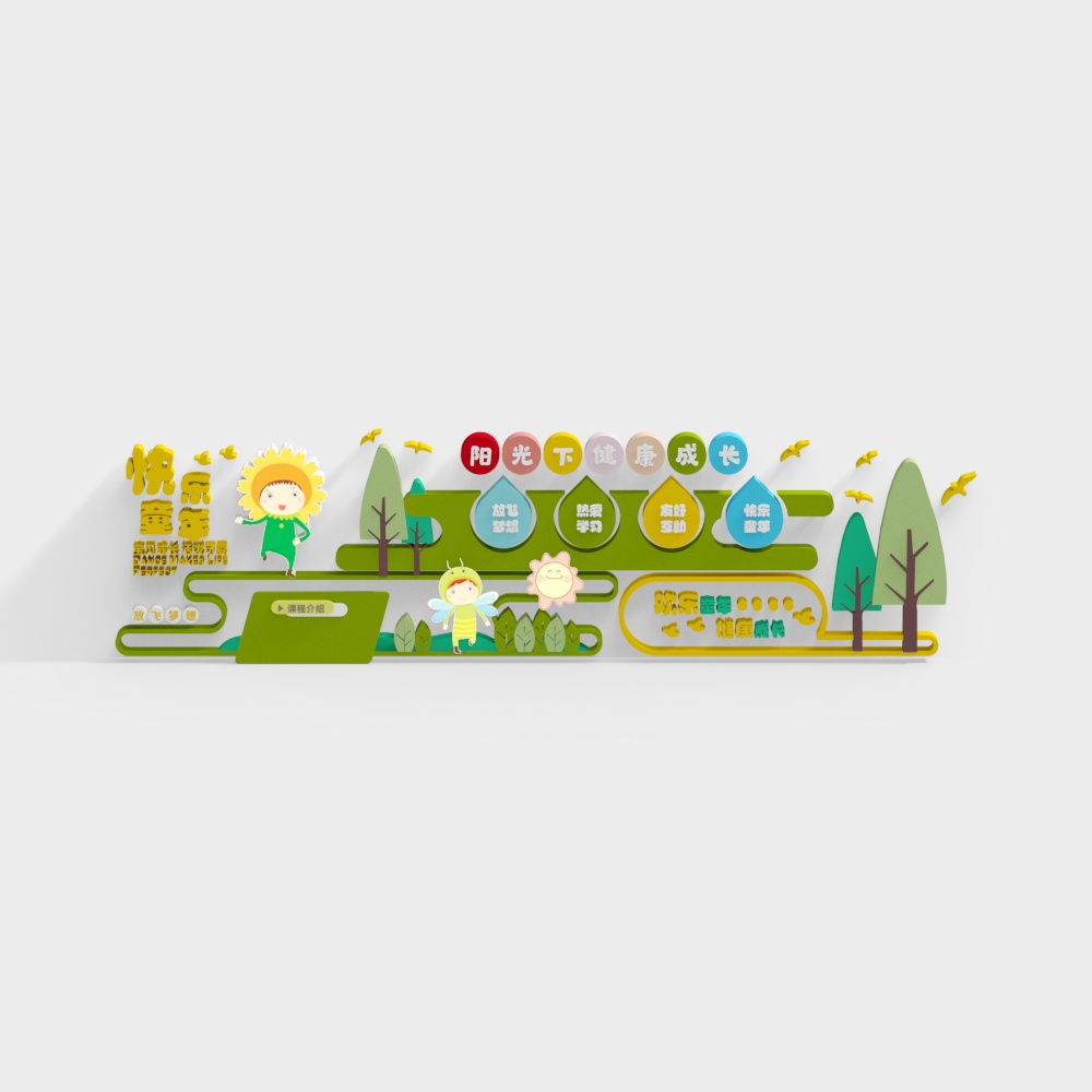 Pared de fondo de kindergarten - Tema de salud y felicidad verde