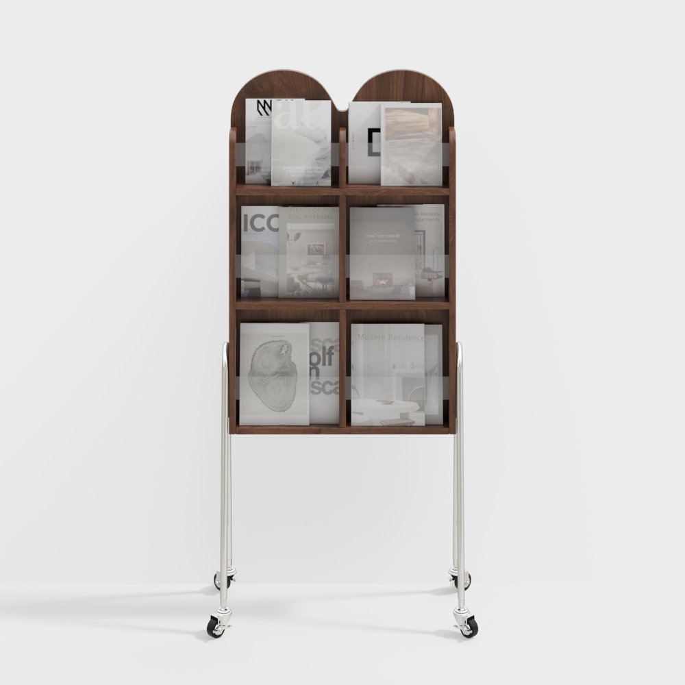 Sleek Curved Bookshelf 3D Model – Wood and Metal Design