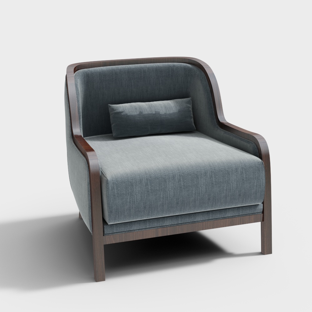 Low-Polygon Sofa Chair 3D Model – Gray Fabric & Wood