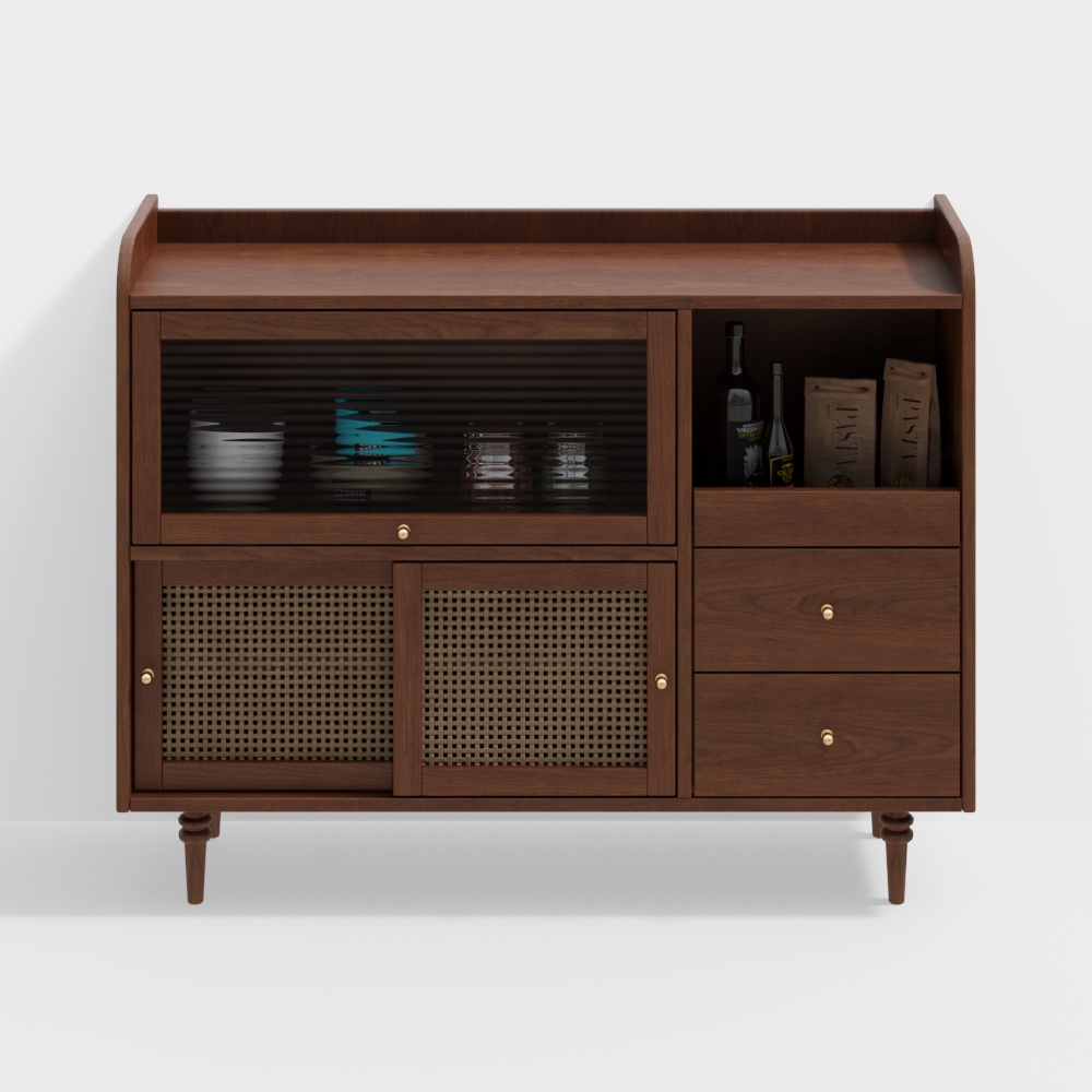 Vintage Storage Cabinet 3D Model – Retro Wood & Glass