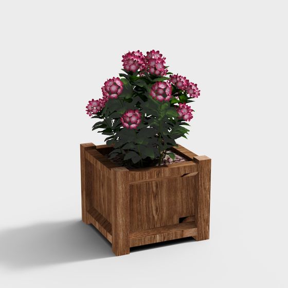 Wooden Planter with Flowers 3D model
