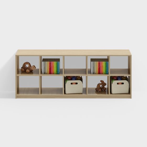 Preschool Wall-Side Bookshelf 3D Model in Wood Color