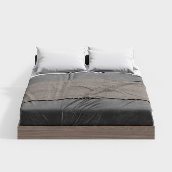 Wabi-sabi Style Double Bed 3D Model in Brown