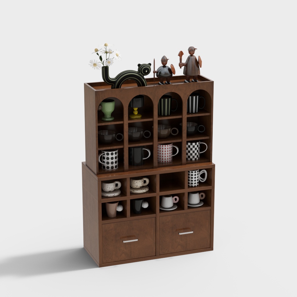 Cozy Mug Cabinet 3D Model – Retro Wood & Mugs