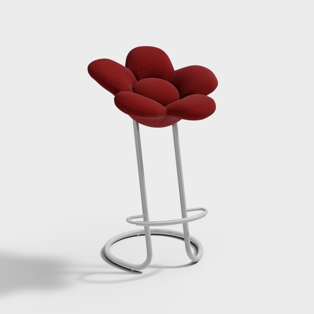Petal Bar Stool 3D Model – Red Fabric and Silver Frame