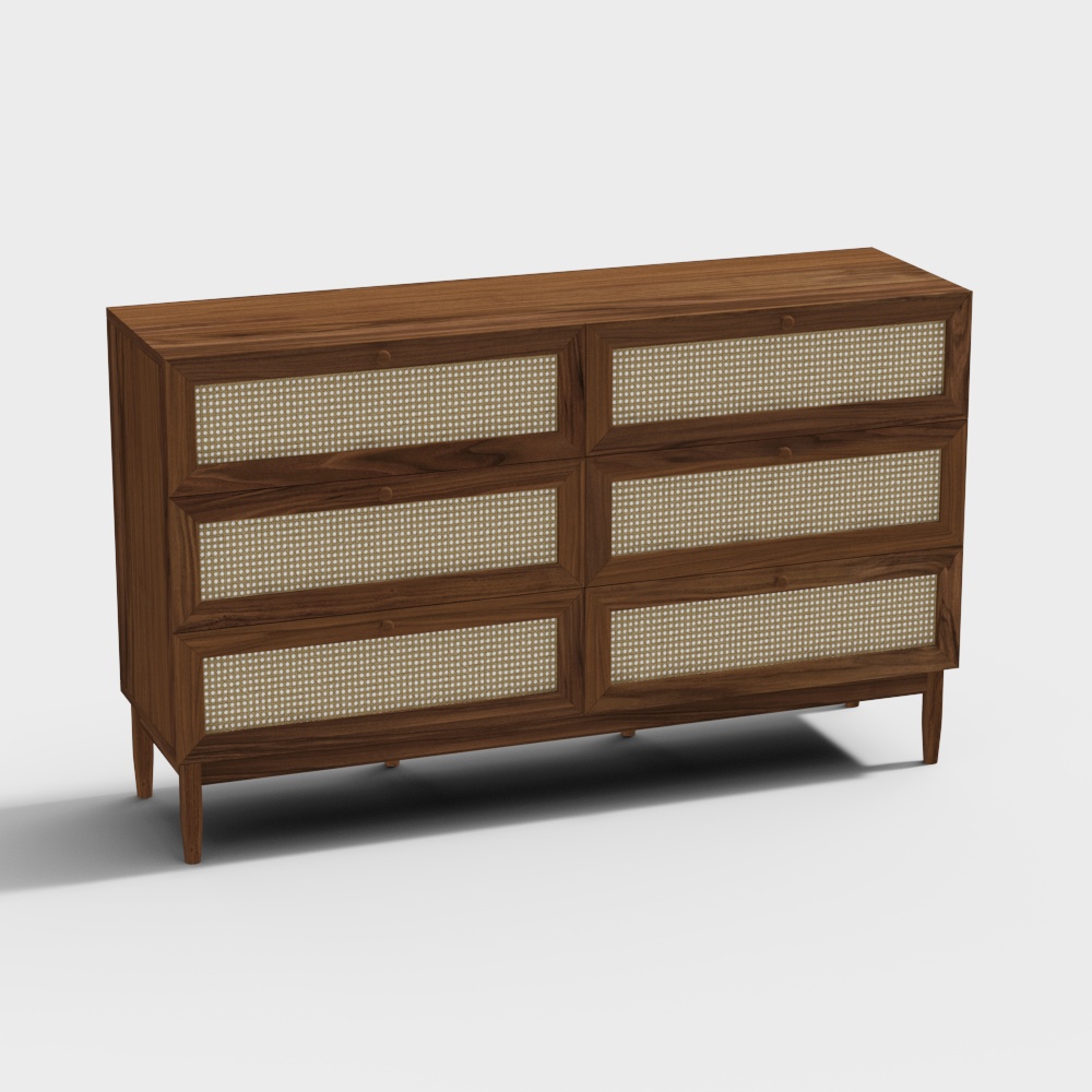 Rattan Panel Dresser 3D Model – Classic Wood & Rattan