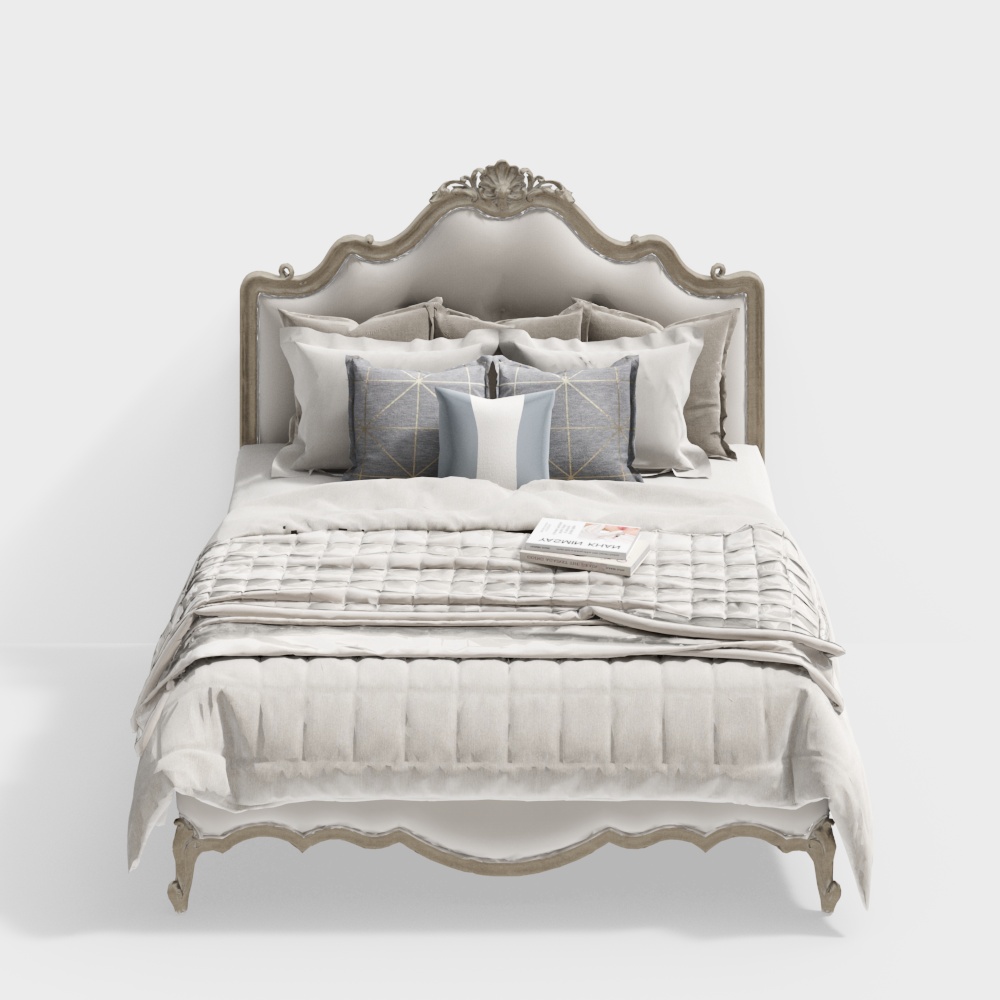 Elegant Rococo Style Bed 3D Model – Classical Beige Design
