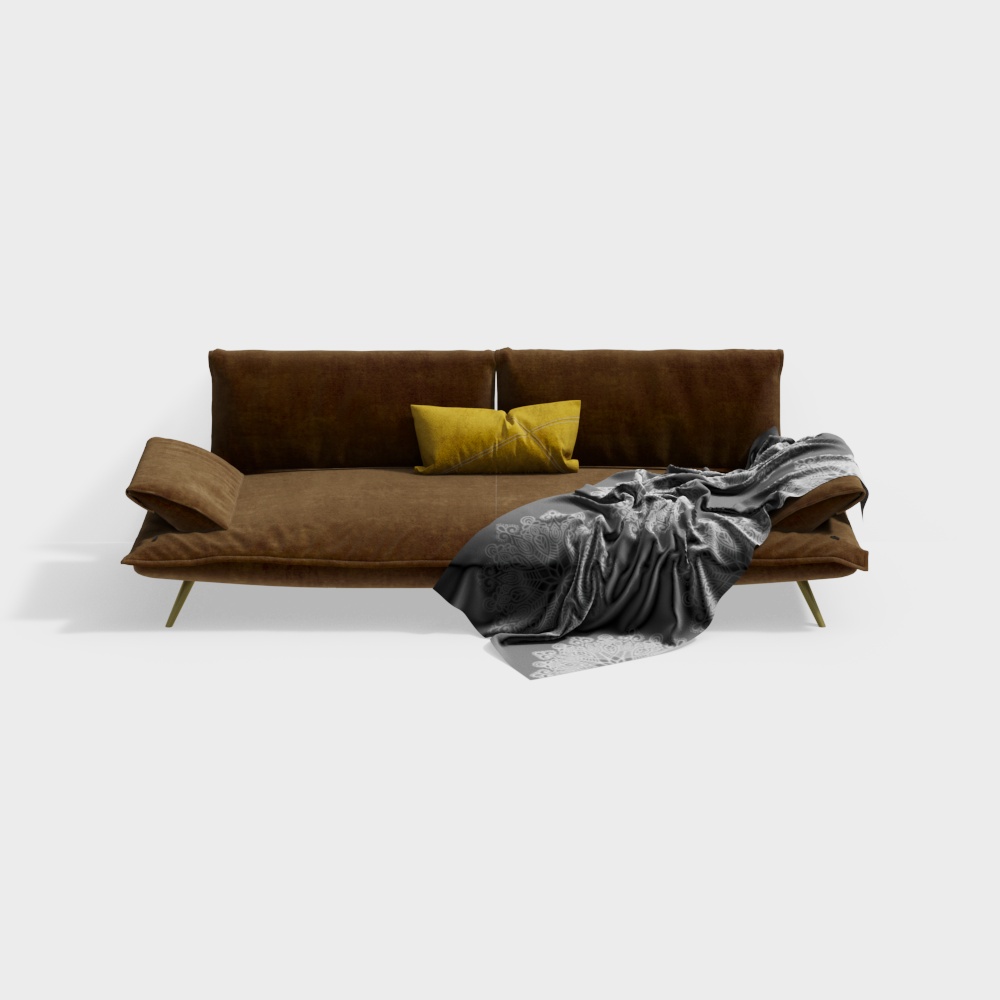 Mid-Century Modern Sofa 3D Model – Velvet Upholstery