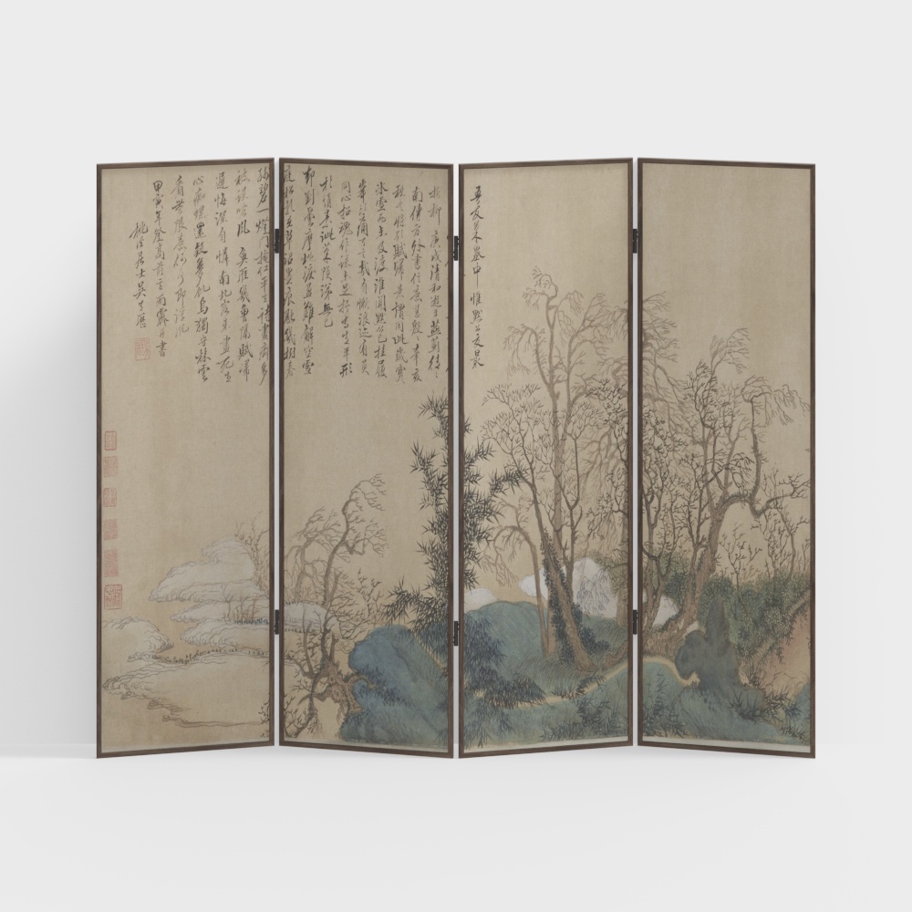 Elegant Four-Panel Screen 3D Model – Traditional Landscape Art