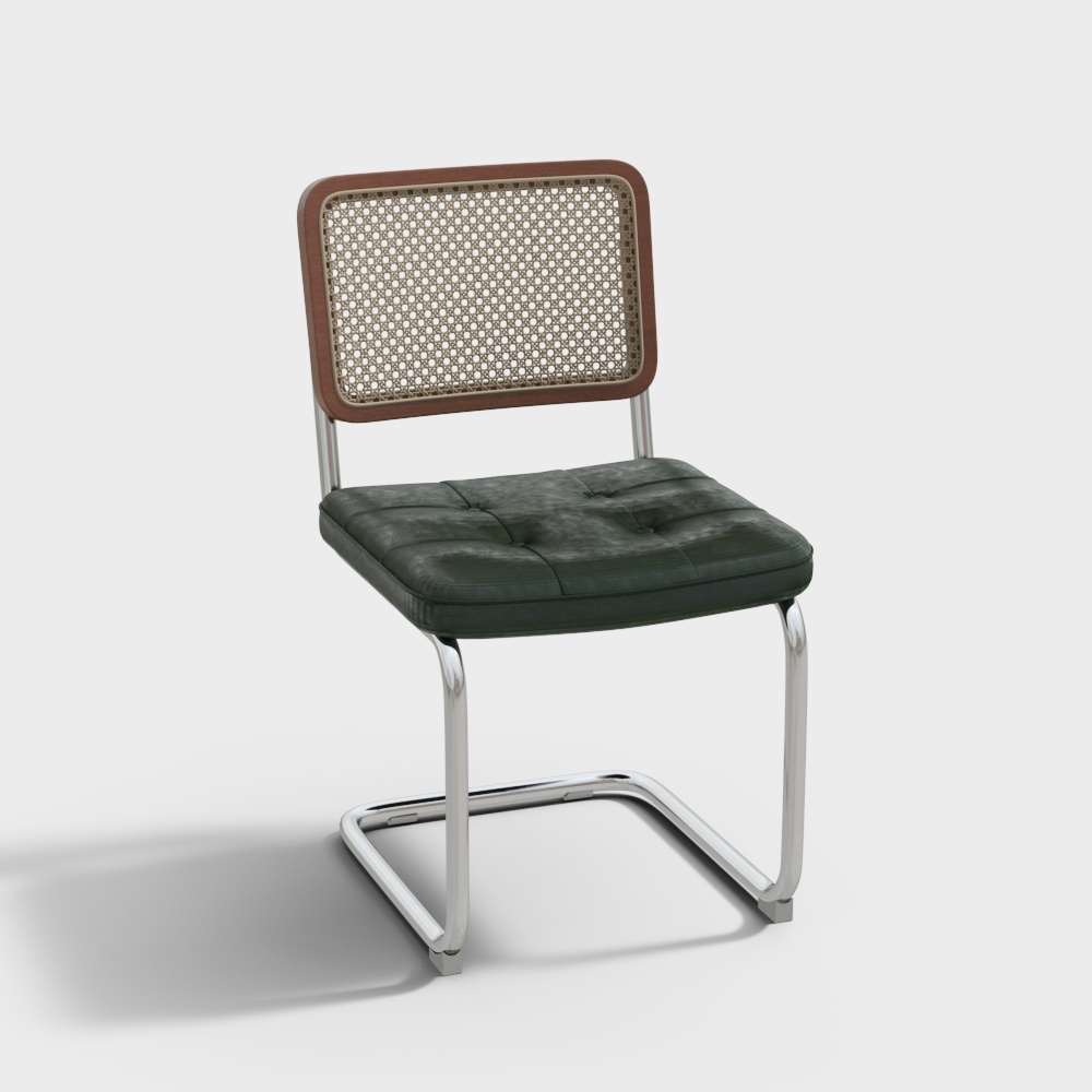 Vintage Retro Chair 3D Model – Green Leather & Metal Frame