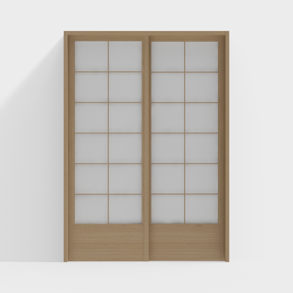 Elegant Double Glass Wooden Door 3D Model – Japanese Style