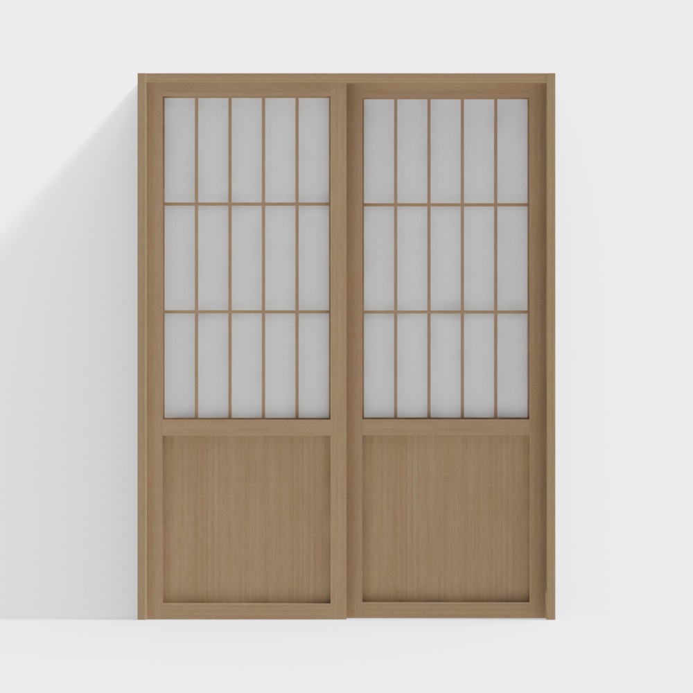 Elegant Double Wooden Door 3D Model – Japanese Minimalist Style