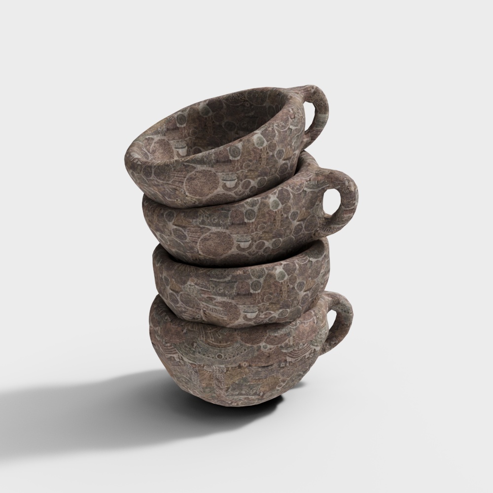 Ancient Charm Tea Cup Stack – Vintage Low-Poly Model