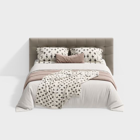 Modern Beige Leather Bed with Blanket 3D Model