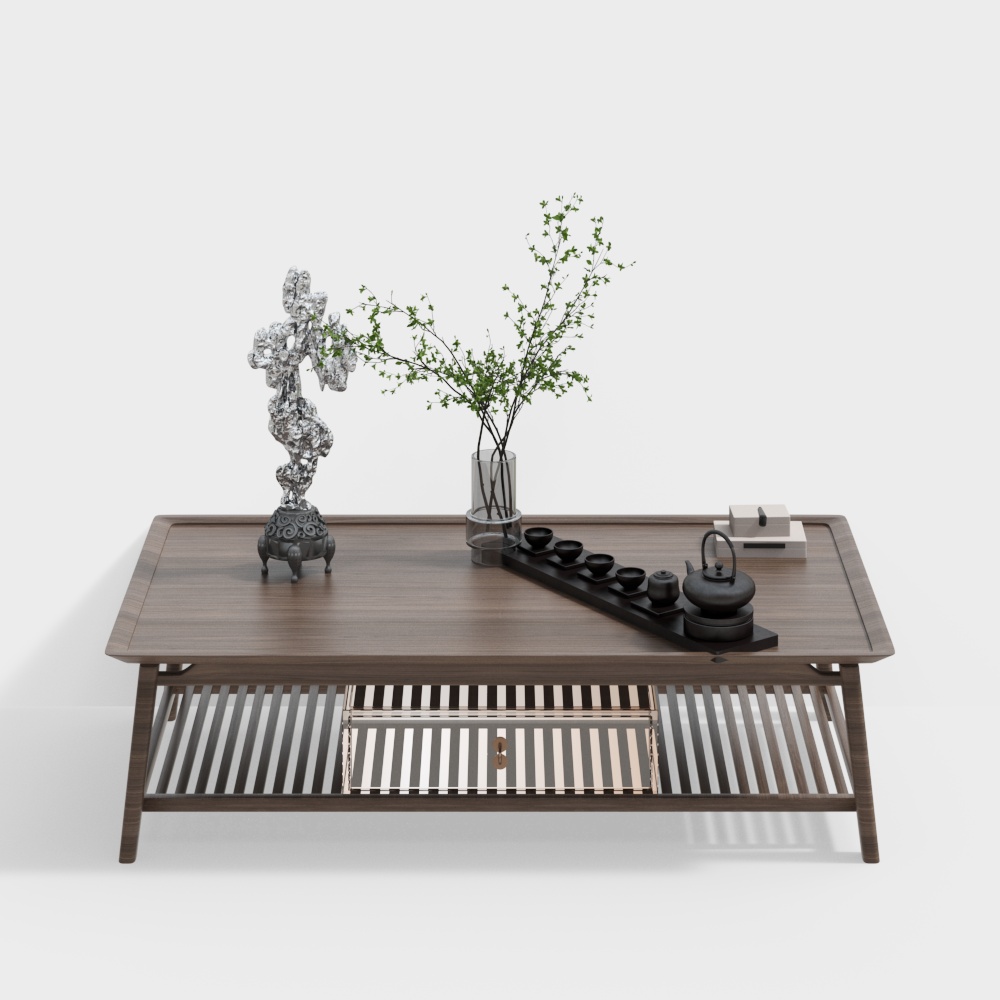 Minimalist Zen Coffee Table 3D Model – Dark Wood with Decor