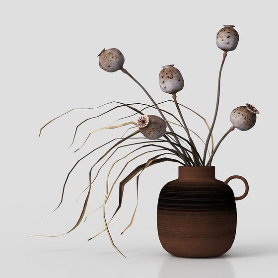 Dried Poppy Flower in Vintage Pot 3D model