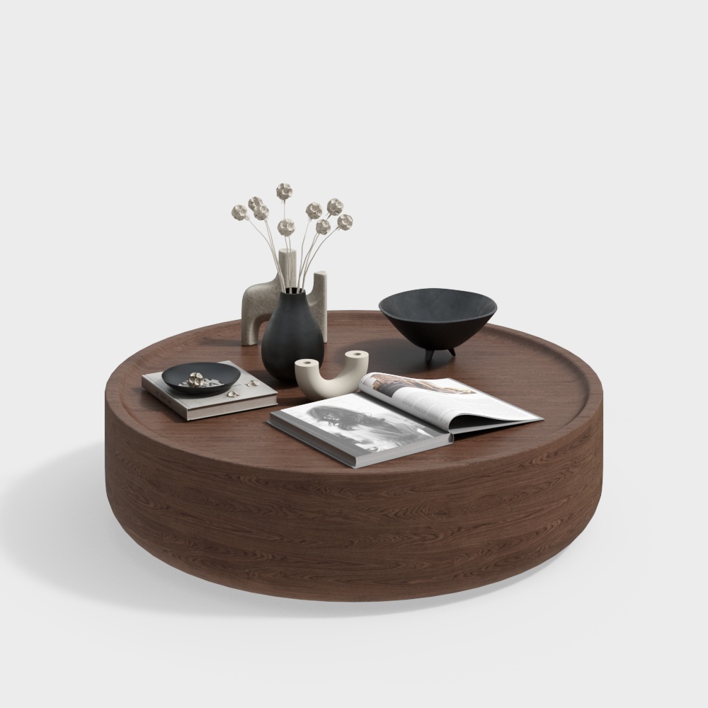 Round Coffee Table 3D Model – Minimalist Dark Wood Design