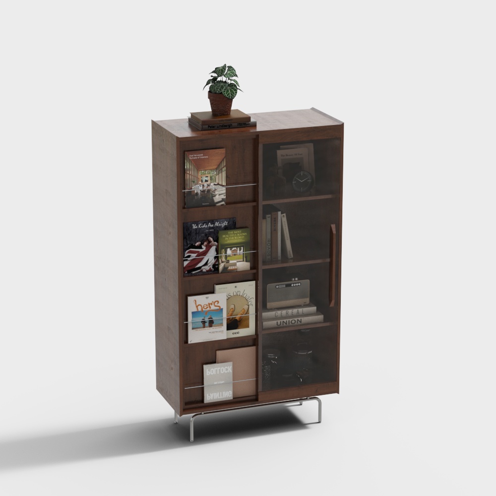 Elegant Low-Polygon Bookshelf 3D Model – Wood & Glass