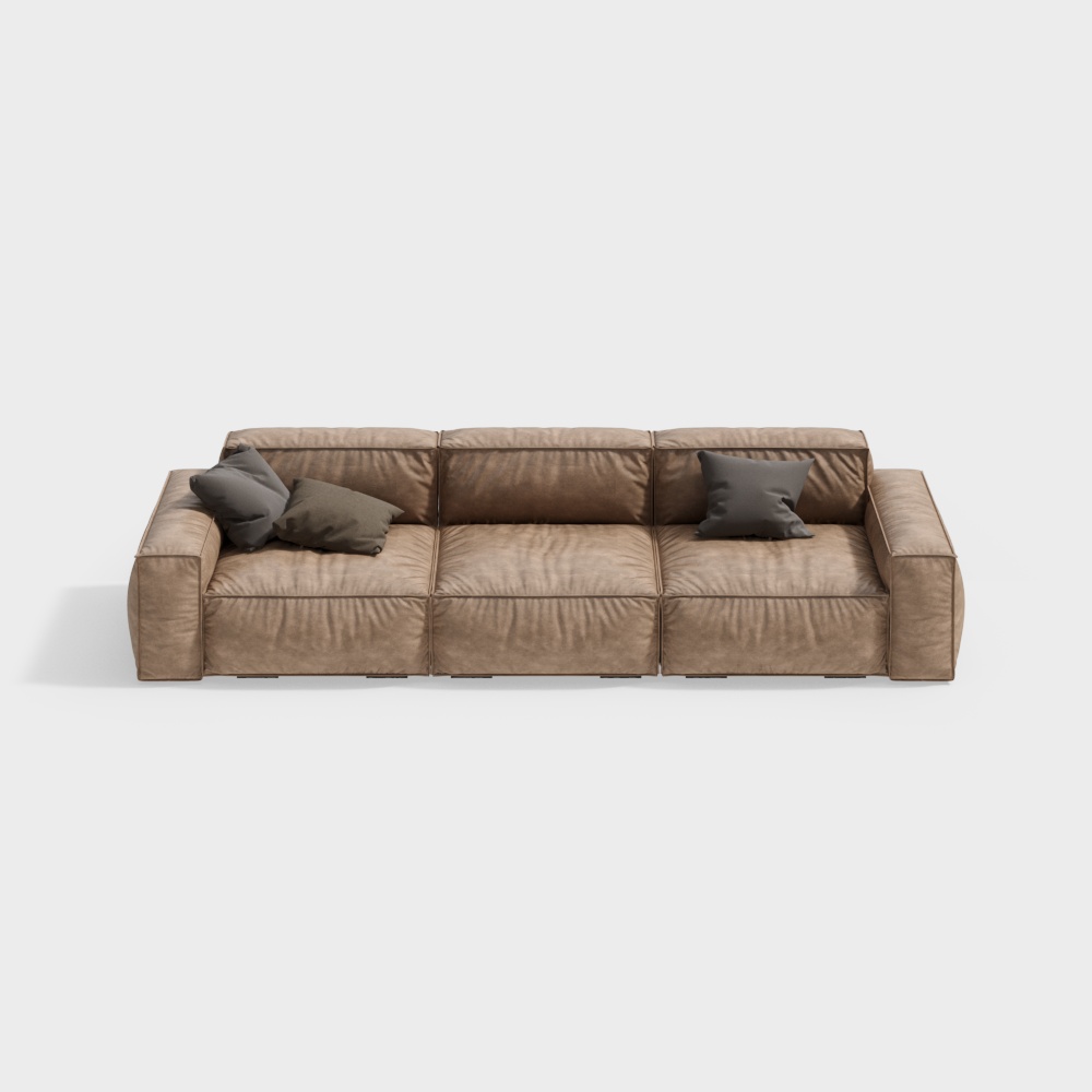 Stylish Low-Polygon Sofa 3D Model – Brown Leather Design