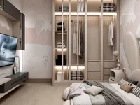 Children bedroom with mountain wallpaper, illuminated glass wardrobe, wall mounted TV, and a soft bed