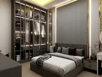 Modern bedroom with gray bed textured wall panel gold trim and glass closet with lighting