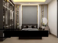 Modern bedroom featuring grey bed with cushions glass wardrobe vanity desk with round mirror lighting