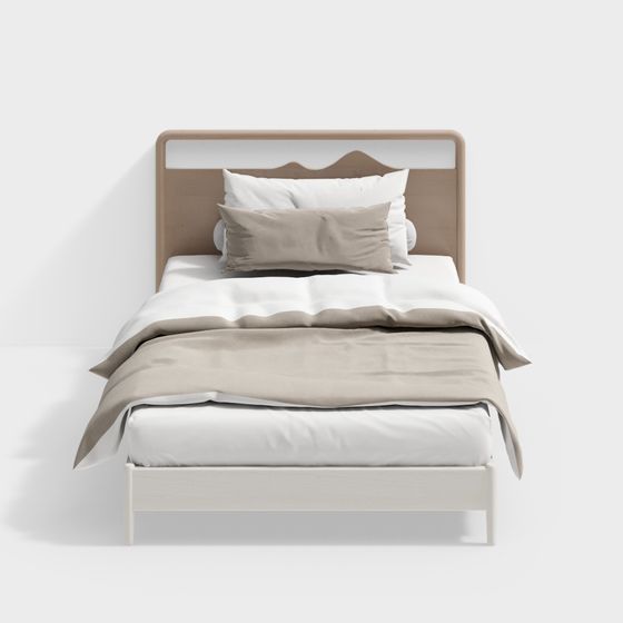 European Single Bed 3D Model in Wood Color