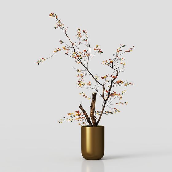 Vase Flowers 3D Model in Golden
