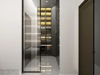 Bright walk-in closet view through glass sliding door with glowing yellow shelves and marble floor