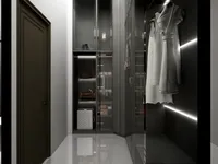 Modern dark wood closet with glass doors internal light strips and white marble tiled floor
