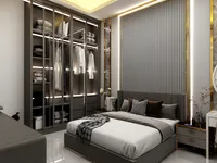 Modern bedroom with grey bed, lit glass wardrobe, wall panel with gold trim, and nightstand